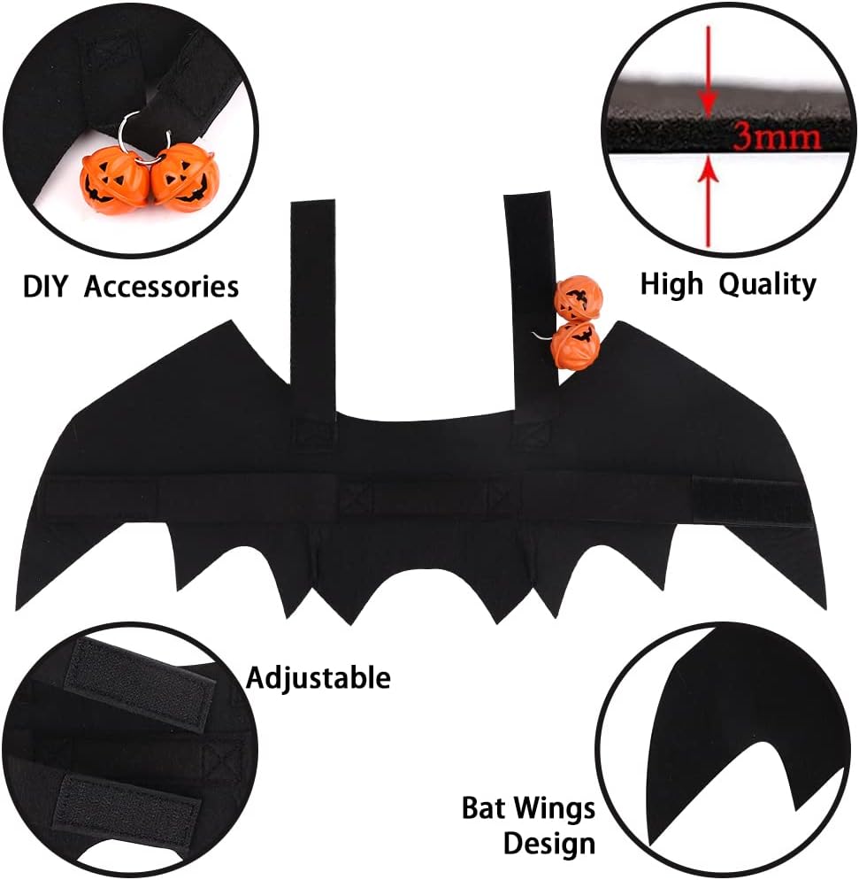 Pet Bat Wings, Cute Cat Halloween Bat Wings Adjustable Pet Costumes with Pumpkin Bells for Halloween Puppy Kitten Cosplay Party