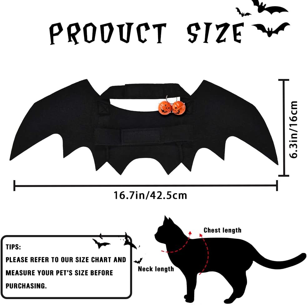 Pet Bat Wings, Cute Cat Halloween Bat Wings Adjustable Pet Costumes with Pumpkin Bells for Halloween Puppy Kitten Cosplay Party