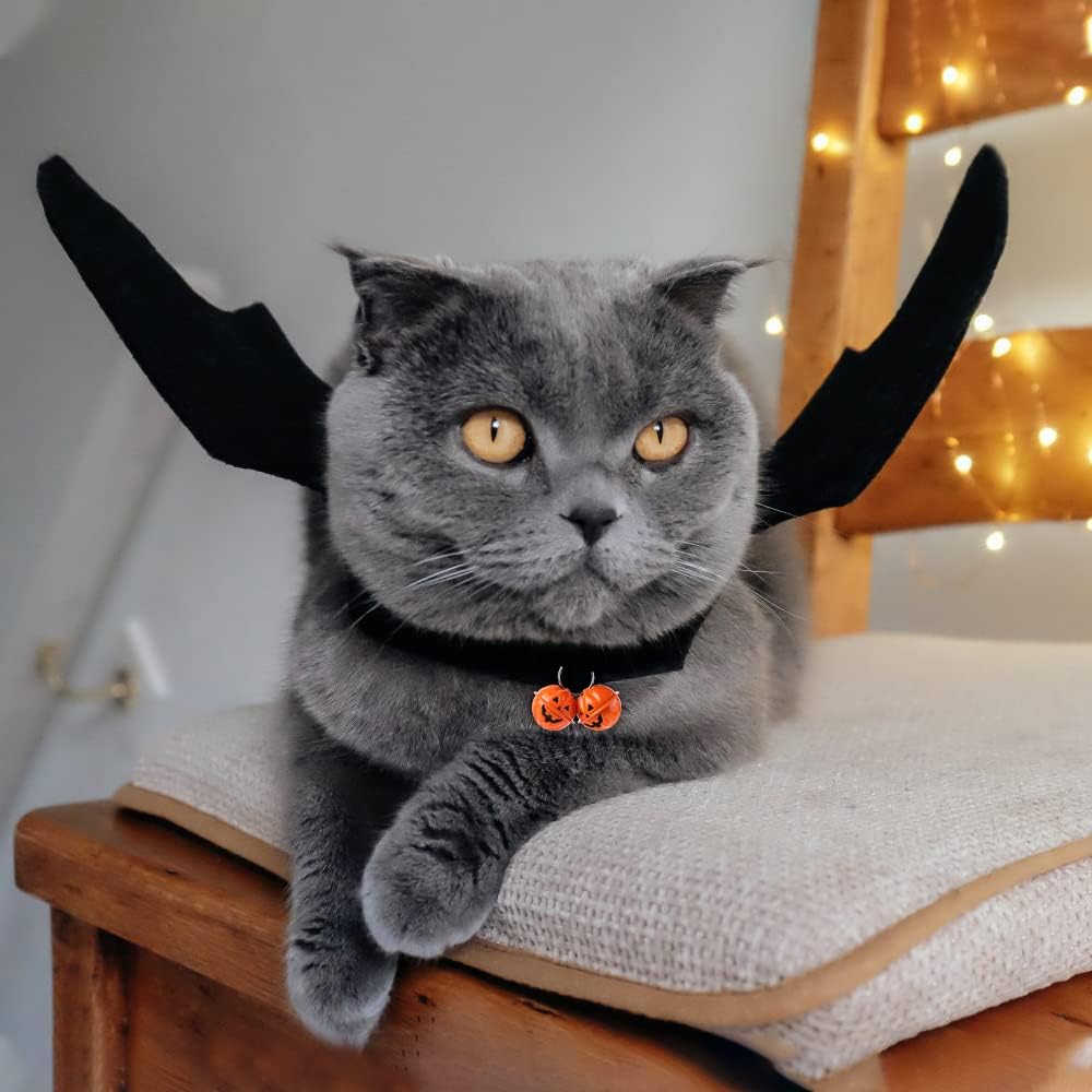 Pet Bat Wings, Cute Cat Halloween Bat Wings Adjustable Pet Costumes with Pumpkin Bells for Halloween Puppy Kitten Cosplay Party