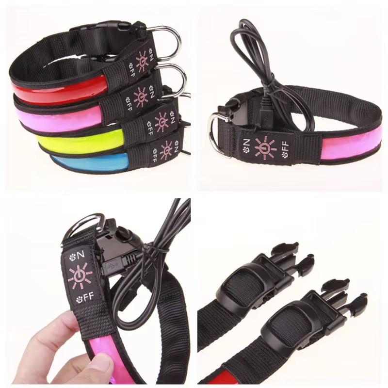 LED Glowing Dog Collar Adjustable Flashing USB Charging Luminous Collar Night Light Harness for Big Medium Small Dogs Pet Items